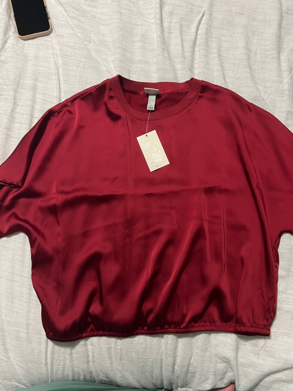 a new day Short Sleeve Satin Tee in Wine Red